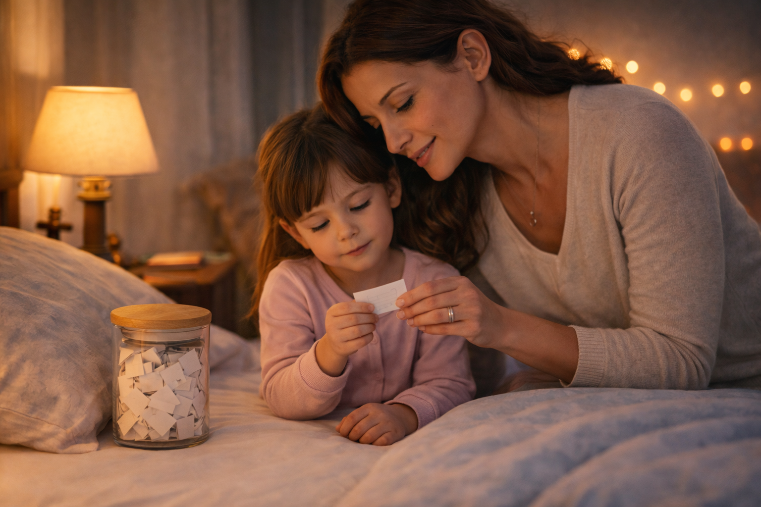 Mãe e criança lendo oração do potinho antes de dormir